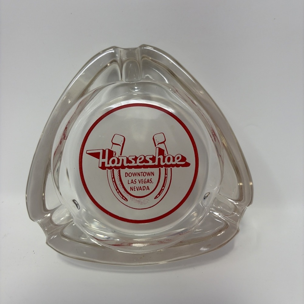 Benny Binions Horseshoe Casino Las Vegas Vintage Glass Ashtray Clear Red Logo